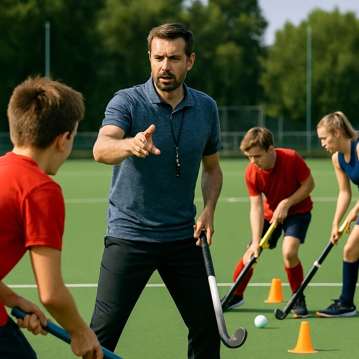 Hockey coach training young players